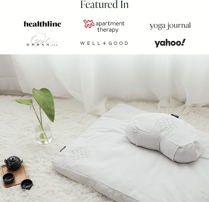 Mindful & Modern Large Meditation Cushion | Zafu Yoga Bolster Meditation Floor Pillow Seat | Buckwheat Hull Filled Crescent Shaped Cushion with Removable Washable Cover + Carry Handle - Bloomnest