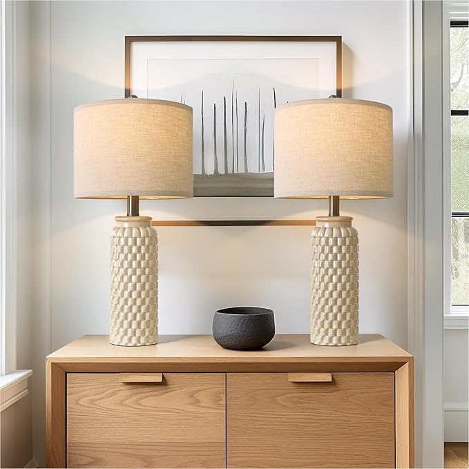 24" Modern Ceramic Bedside Lamp Set of 2 for Bedroom Decor Farmhouse Table Lamp for Living Room Office Dorm - Bloomnest
