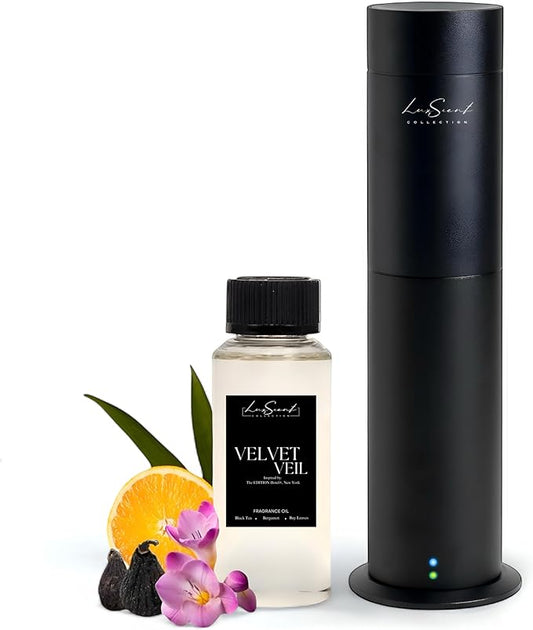 Aroma Scent Diffuser Starter Kit for Up to 1000SQ. FT. Coverage - 120ML Waterless Essential Oil Scent Included - Luxury Aroma Diffuser Ideal for Home, Office & Hotel (Black, Velvet Veil) - Bloomnest