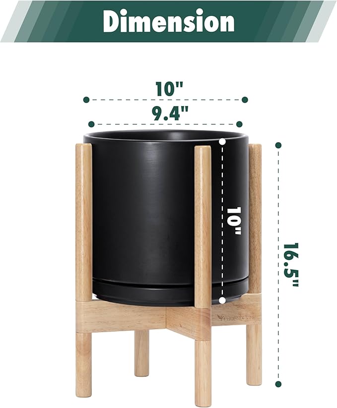 D'vine Dev Ceramic Planter with Natural Stand - 10 Inch Modern Round Flower Pot with Wood Planter Holder, Black, 55-B-K-2 - Bloomnest