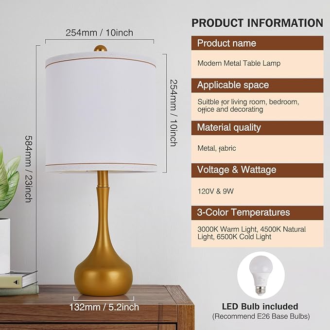 23" Farmhouse Table Lamp Set of 2, Golden Metal Modern Bedside Lamps for Living Room, 3 Color Temperature Rustic Table Lamps for Bedroom, Night Stands, Dorm,Office, Home Décor (Bulb Included) - Bloomnest