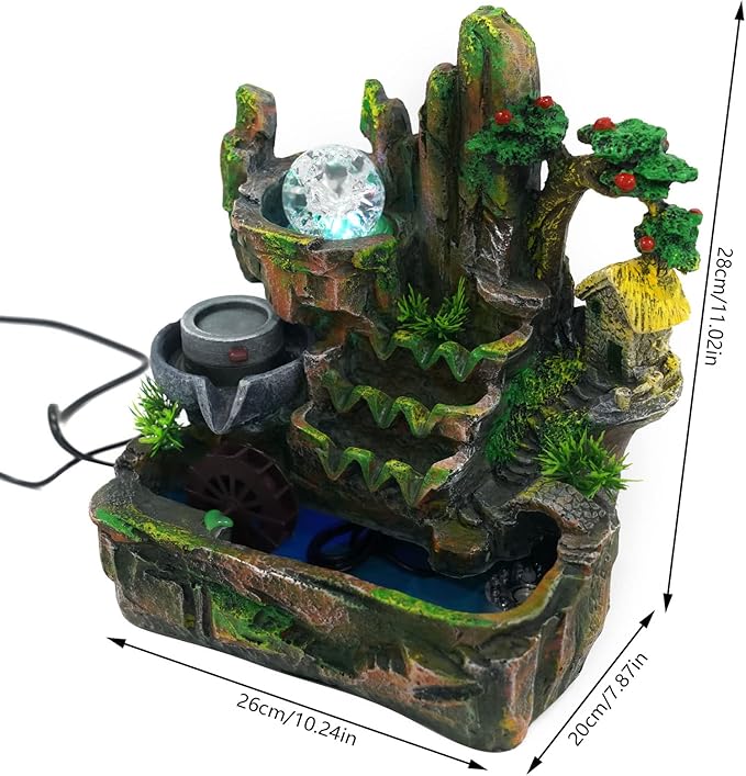 110V Indoor Relaxation Desktop Fountain Waterfall with Rockery & LED Colorful Lights Indoor Relaxation Resin Ornament, Small Tabletop Decor Fountain Rockery for Office, Home, Bedroom Desk Decoration