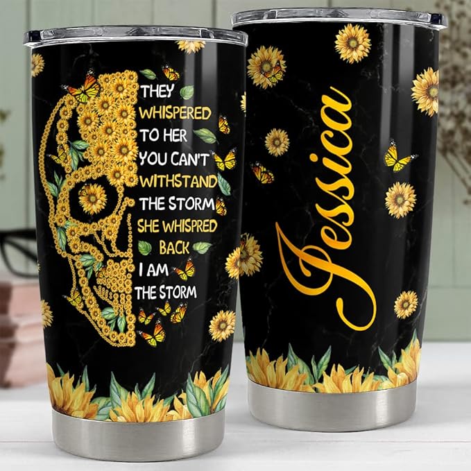 Personalized Skull Sunflower Tumbler Custom Name 20oz 30oz Tumblers with Lid Gift for Women Friends Skull Lovers Birthday Christmas - Bloomnest