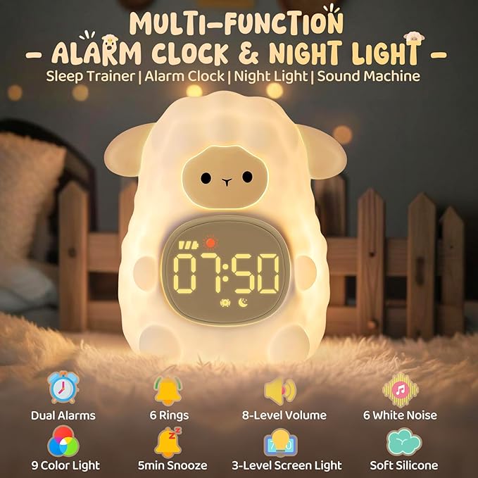 Sheep Alarm Clock with Night Light for Kids with Sleep Training and Sound Machine, Rechargeable Silicone Lamp OK to Wake Clock，Cute Animal Tabletop Lamp, Perfect Sleep Companion for Boys Girls, Khaki - Bloomnest
