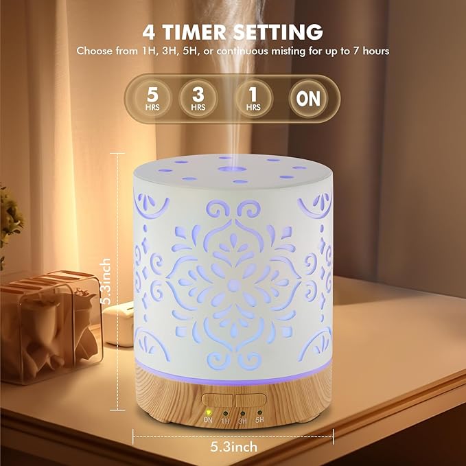 Essential Oil Diffuser for Home - 300ML Metal Aromatherapy Diffuser with Auto Shut-Off Protection & 4 Timers, Ultrasonic Humidifier with 7 Colors Lights for Large Room, Home Office Décor(White Flower) - Bloomnest