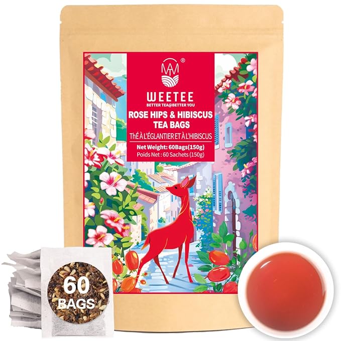WT WEETEE Rosehips Hibiscus Tea Bags, Made with Rosehip & Hibiscus Flowers, Natural Caffeine-free Herbal Tea 2.5g x 60 Counts - Bloomnest
