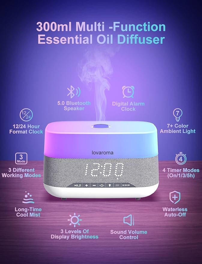 Versatile Essential Oil Diffuser, 300ml Aroma Diffuser with Bluetooth Speaker and Alarm Clock, 7 Colors LED Light Aromatherapy Diffusers & Cool Mist Humidifier 3-Level Brightness, Auto-Off Protection - Bloomnest