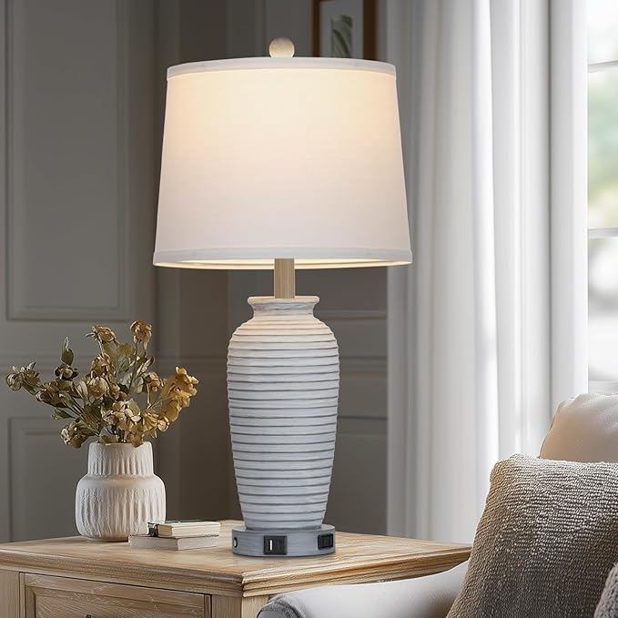 25" Vintage Farmhouse Jar Table Lamps, Single Rustic Bedside Lamp with USB A+C Ports & AC Outlet, Nightstand Lamps for Living Room, Bedroom, End Table, Grey White(LED Bulb Included) - Bloomnest