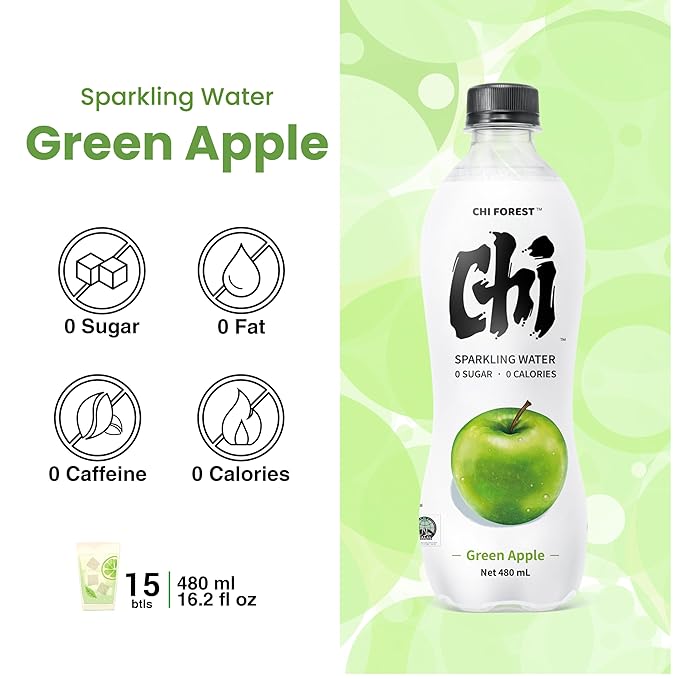 CHI FOREST Flavored Sparkling Water Beverage, Green Apple, Zero Sugar, 16.2 fl oz Bottles (pack of 15) - Bloomnest