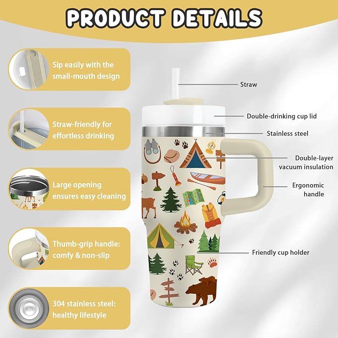Camping Tumbler 14oz With Handle, Travel Coffee Mug Tumbler For Campers Lovers, Stainless Steel Tumblers, Resents For Him Or Her, Christmas, Birthday - Bloomnest