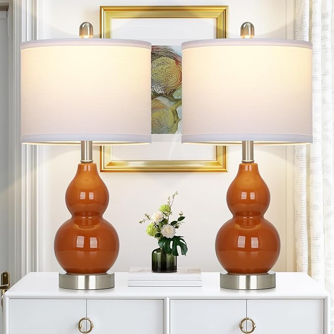Double Gourd Ceramic Table Lamps Set of 2, Modern Red Bedside Lamps for Night Stand, Contemporary Nightstand Lamps for Bedroom Living Room (Bulb Included) - Bloomnest