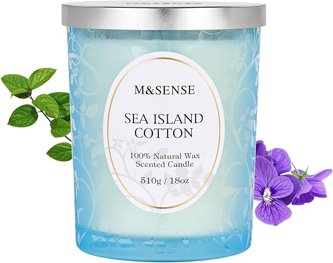 M&SENSE Sea & Cotton Scented Candle, Cracking Wooden Wick Soy Wax, 18oz 100 Hours Long Lasting Clean Burn, Large Summer Candles for Home Decor, Non-Toxic Relaxing Aromatherapy Gifts for Women - Bloomnest
