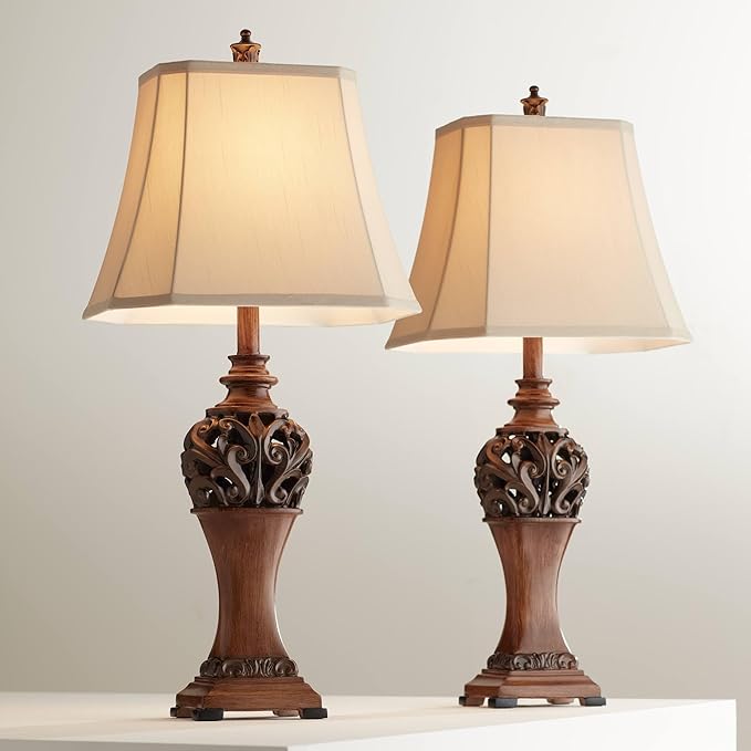 Regency Hill Exeter Traditional Style Table Lamps 30" Tall Full Size Set of 2 Bronze Wood Carved Leaf Creme Rectangular Bell Shade Decor for Living Room Bedroom House Bedside Nightstand Office - Bloomnest