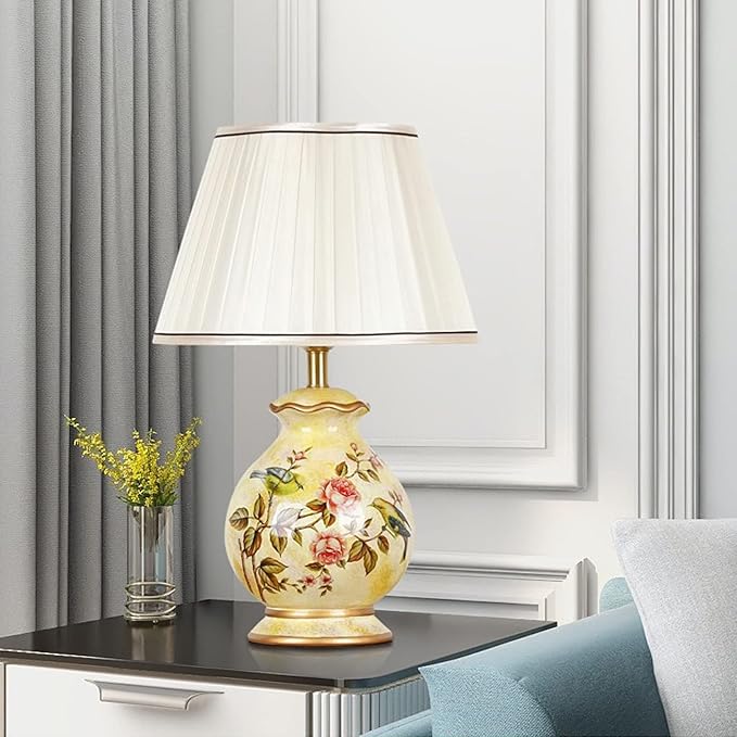 20.4" Chinoiserie LED Table Lamp, American Flower and Bird Ceramic Chinoiserie Table Lamp, Yellow Fabric Shade with Hardware Base Round Bedside Lamp Bedroom Study Hotel Home Decoration - Bloomnest