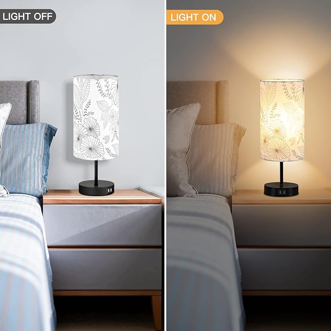 Touch Control Bedside Lamp with 2 USB Ports, 3-Way Dimmable Table lamp for Bedroom, Nightstand Lamp with Round Flower Fabric Shade for Living Room Home Office (E26 LED Bulb Included) - Bloomnest