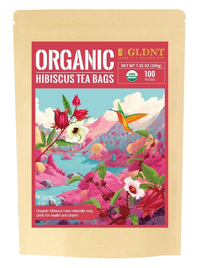 GLDNT Organic Hibiscus Tea Bags, Caffeine Free, Natural Flowers, Refreshing Tart Flavor, 100 Count - Bloomnest