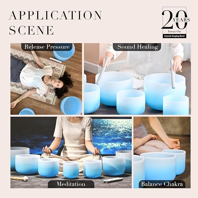 CVNC 432HZ 6-12 Inch Azure Blue Color Aria Gradient Design Frosted Quartz Crystal Singing Bowls Chakra Set of 7 with Carry Case Bags for Sound Healing and Meditation - Bloomnest