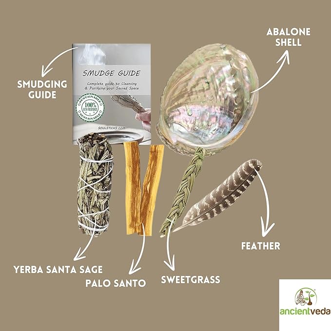 Ancient VEDA Organic Smudge Kit – Yerba Santa, Palo Santo, Sweetgrass, Abalone Shell, Feather & Smudge Guide | Smudging Kit for Home Cleansing, Meditation, Healing (Healer's Kit, Yerba Santa Sage) AncientVeda