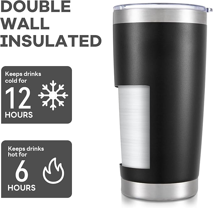 20 oz Tumbler with Lid Stainless Steel Double Wall Vacuum Insulated Tumblers Powder Coated Cups Travel Mug Keep Drinks Cold and Hot, Black - Bloomnest