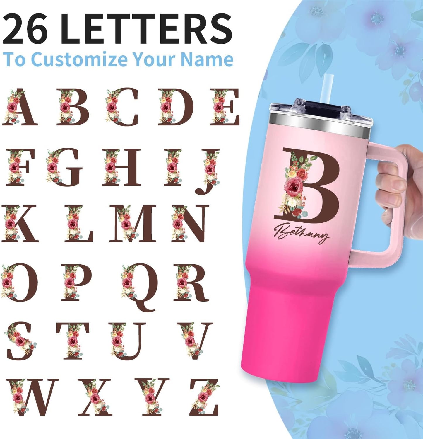 Personalized Gifts for Women - 40oz Customized Initial Floral Tumbler with Name，Monogrammed Flower Cups for Her, Ideal for Birthdays, Mother’s Day, Christmas -Perfect for Office Home Travel,02