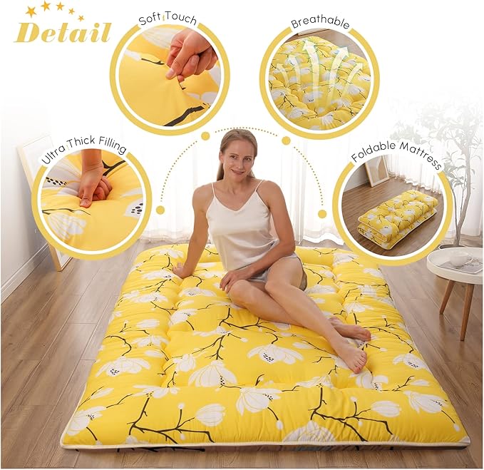 Japanese Floor Mattress, Futon Mattress with Portable Storage Bag and Washable Cover, Roll Up Thick Tatami Mat Suitable for Camping, Guest Room, Yellow Flower, Queen - Bloomnest