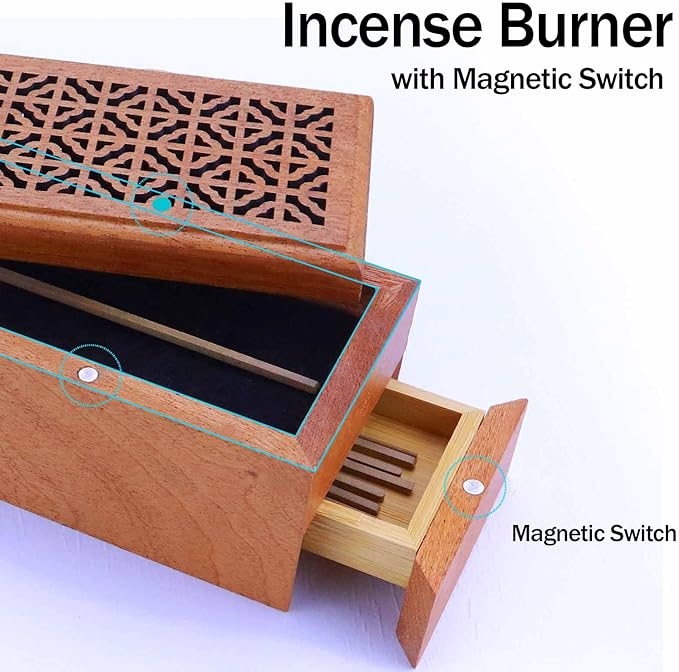 Wooden Incense Burner with Storage Drawer and Magnetic Switch,Insence-Stick Holder Ash Catcher for Meditation/Yoga Room/Bedroom/studyroom/Office