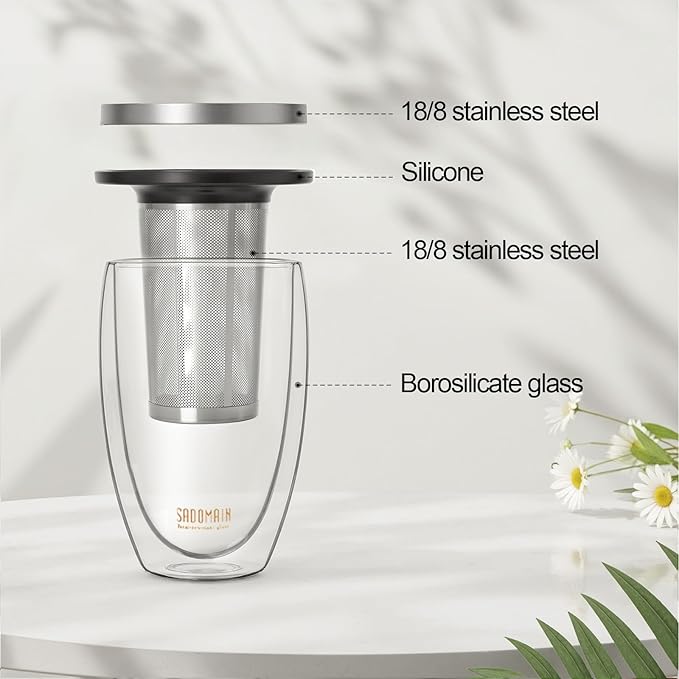 Glass Tea Cup with Infuser and Lid, Tea Infuser Mug in 12 OZ/350ML, Heat-Proof Double Wall Glass Tea Cup, 100% Plastic-Free Tea Mug with Lid and Strainer, Keeps Drinks Hot/Cold Longer Time - Bloomnest