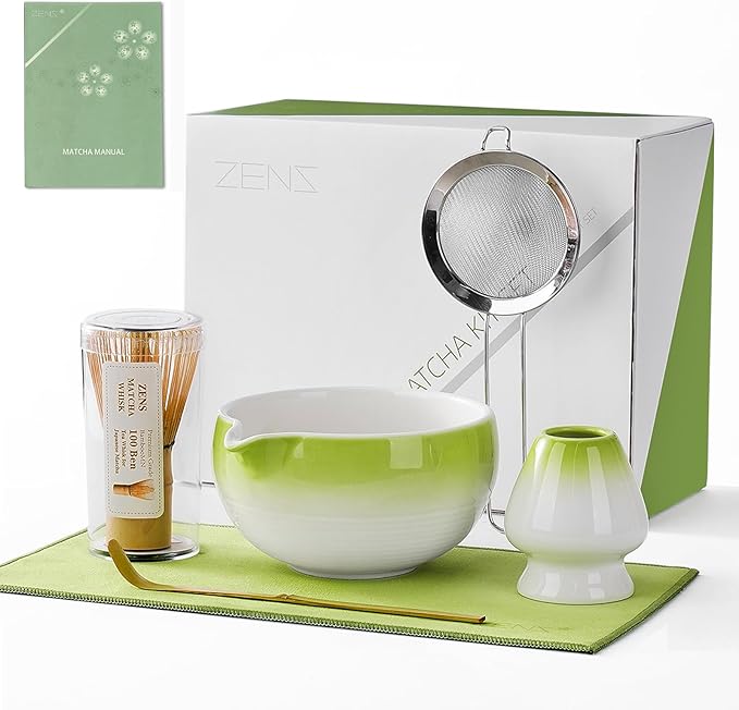 ZENS Matcha Whisk Set, 6pcs Matcha Kit Includes Ceramic Bowl, Handcrafted Bamboo Whisk and Chasen Holder, Scoop, 304 Sifter & Tea Mat，Matcha Set for Tea Ceremony,Latte Making, Green - Bloomnest