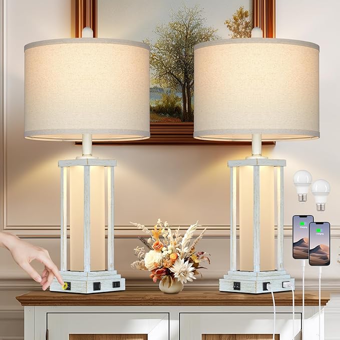 27" Tall Vintage Table Lamp Set of 2 with USB C+A & Outlet,Nightstand Lamp for Living Room,Bedside Lamps with Frosted Glass Night Light for Bedroom Entryway,White - Bloomnest
