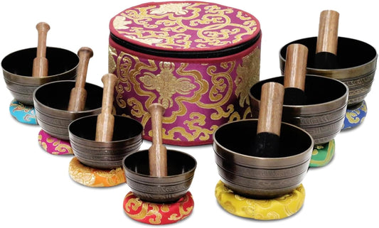 Tibetan Singing Bowl Set of 7, Handcrafted Singing Bowl for Meditation & Holistic Healing, Yoga Accessories, 3-5” Black Singing Bowls with Wooden Striker, Cushion & Purple Carry Box