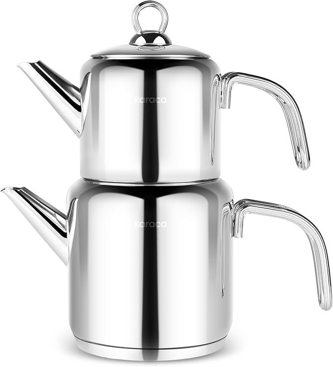 Karaca New Mani Turkish Tea Set for Stovetop, Induction Base Stainless Steel Tea Maker (1L Teapot & 2L Tea Kettle), Dishwasher Safe, Non-Burning Handles Samovar Style - Bloomnest