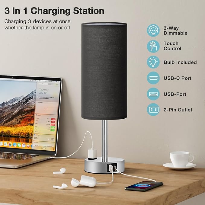 Black Bedroom Table Lamp for Bedside - 3 Way Dimmable Touch Lamp USB C A Charging Ports and AC Outlet, Small Desk Lamp for Nightstand for Living Room with Silver Base, Office Desk, LED Bulb Included - Bloomnest