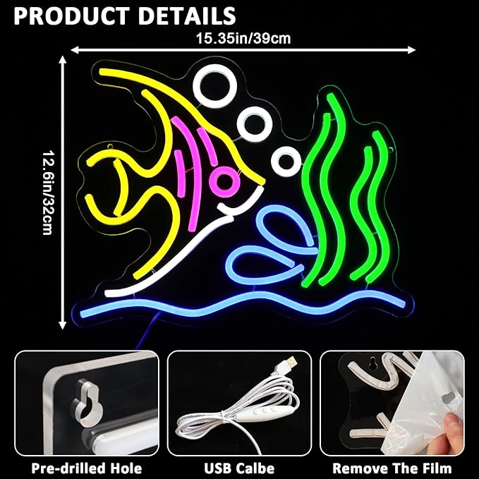 Tropical Fish Neon Sign for Wall Decor, Fish Led Signs for Room, USB Dimmable Neon Lights for Fish Shop Bar Home Pub Club Man Cave Party Store Office Restaurant Ocean Museum Decoration - Bloomnest