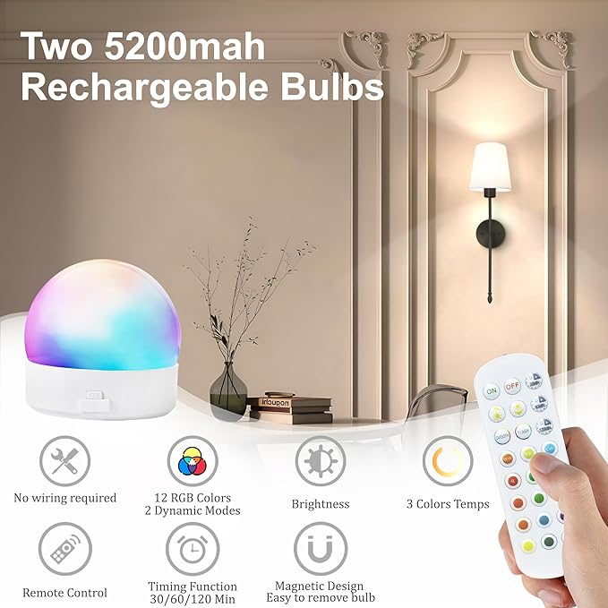 Battery Operated Wall Sconce Set of 2, 15 Colors Rechargeable Wall Lights with Dimmable Bulbs and Remote, Black Wireless Wall Lamp for Living Room Hallway Bedroom - Bloomnest