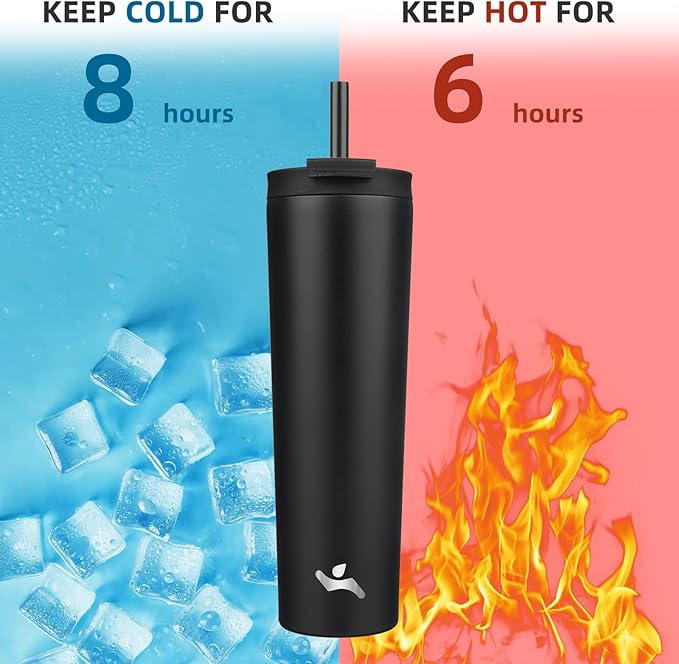 34 OZ Insulated Tumbler with Lid and 2 Straws Stainless Steel Water Bottle Vacuum Travel Mug Coffee Cup,Black - Bloomnest