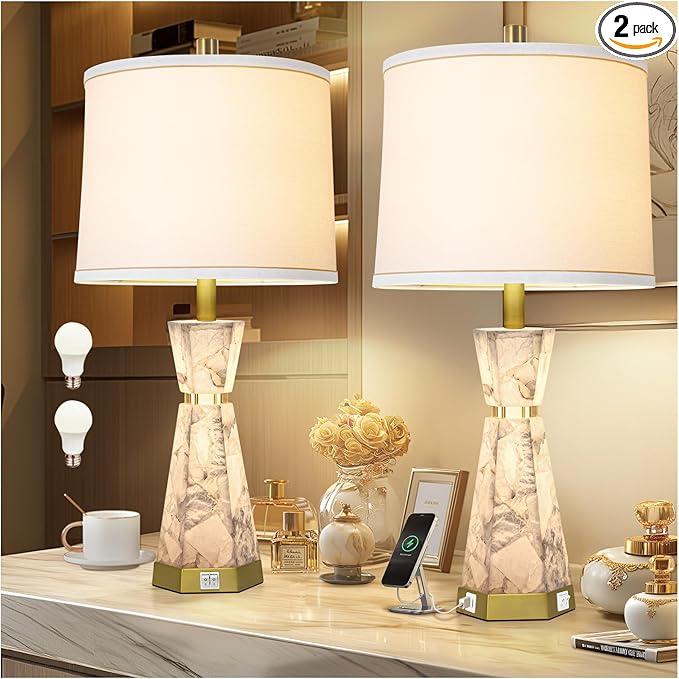 Natural Alabaster Table Lamp,Living Room Lamps Set of 2,Nightstand Lamp with Night Light,Lamps for Living Room With Linen Fabric Shade,Bedside Lamp with Usb A+C Ports for Bedroom,Hotel(Bulb Included) - Bloomnest