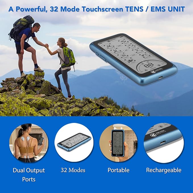 Dual Stim Touch TENS/EMS Unit – Rechargeable Touchscreen Muscle Stimulator with Dual Output Ports and 32 Massage & Stimulation Modes – Durable, Portable, Professional Quality Device