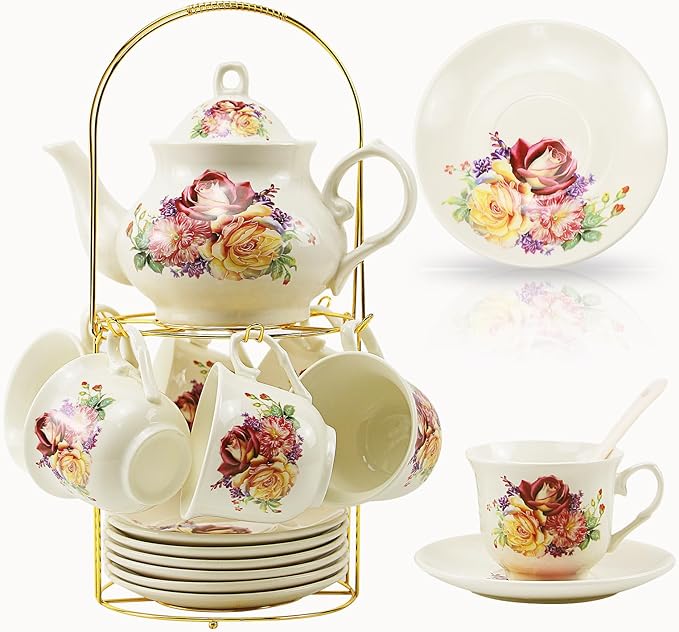 20-Pieces Porcelain Tea Sets For Women, Tea Set For Adult with Golden Metal Rack,Tea Gift Sets for Home&Party(013) - Bloomnest