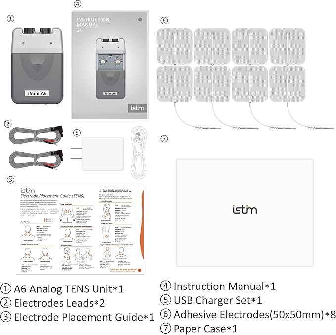 iStim A6 Analog Rechargeable Dual Channel TENS Unit/TENS Device/TENS Machine - for Pain Relief/Pain Control and Management - 3 Modes and Easy to Use (Including Electrode Pads) iSTIM