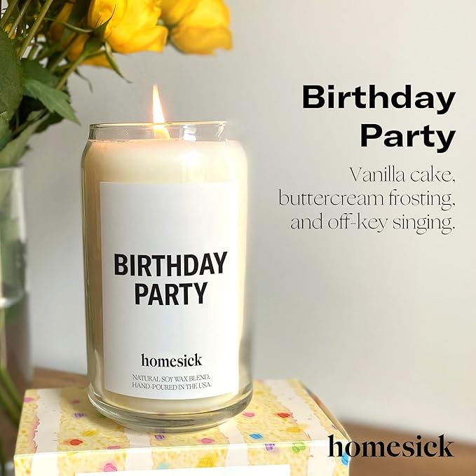 Homesick Scented Candles for Home (Birthday Party) - 13.75 oz Long-Lasting Natural Soy Wax Blend Jar Candle Gifts for Women & Men, 60-80 Hours Burn Time - Notes of Butter, Cream & Vanilla - Bloomnest