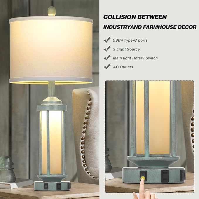 Farmhouse Table Lamps for Living Room, 27" Vintage Rustic Beside Lamp Set of 2 with USB A+C Charging Ports & AC Outlet, Retro Nightstand Lamp with Fabric Shade for Bedroom Entryway(4 Bulbs Included) - Bloomnest