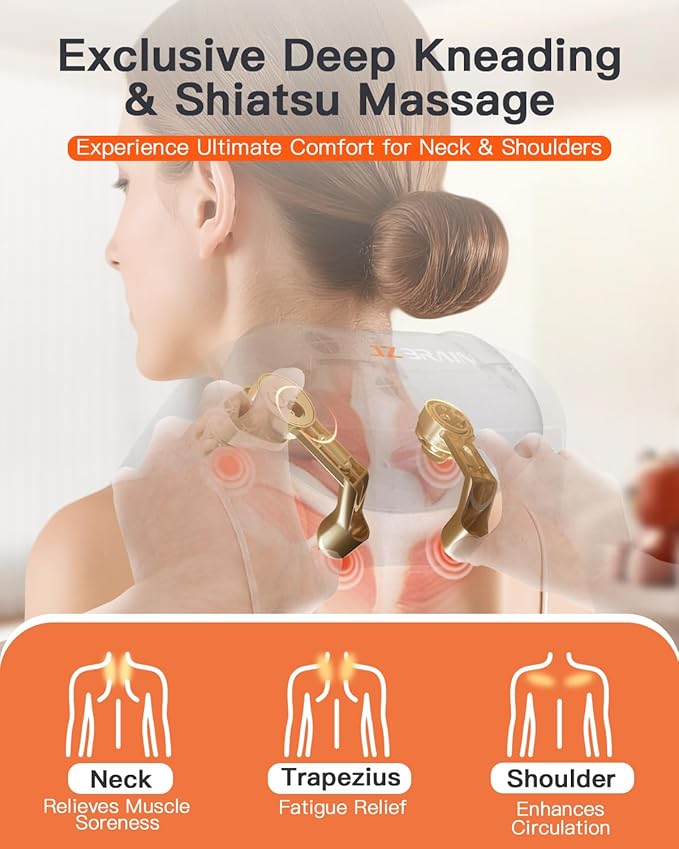 Neck and Shoulder Massager with Heat – Cordless Shiatsu Neck Massager for Pain Relief Deep Tissue - Adjustable Speed & Modes Kneading Massage for Back - for Men Women