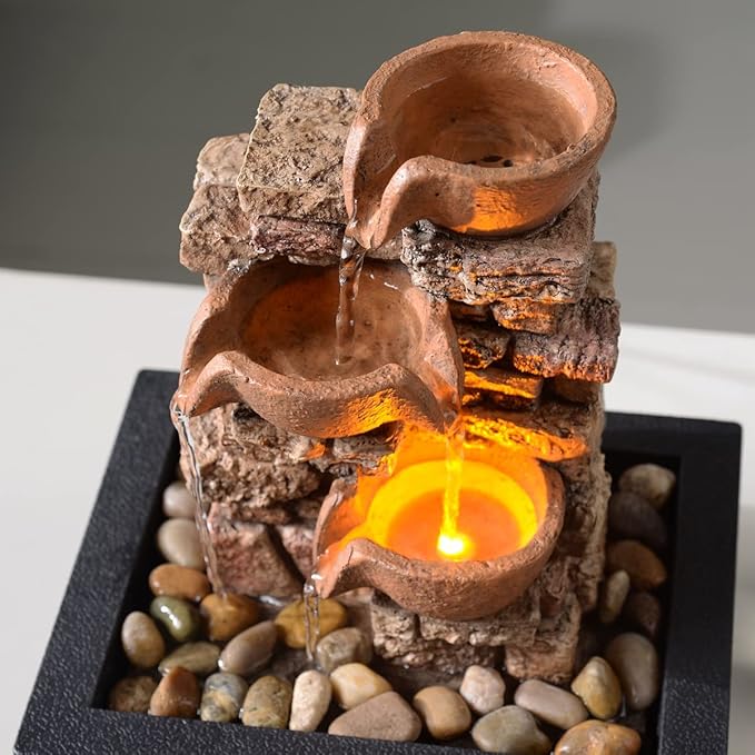 Indoor Tabletop Fountain 3-Tier Rockery Relaxation, Soothing Sound Home/Office/Bed Room Decor,Gifts for Mom/Grandma Relaxing Waterfall Meditation Tabletop Fountain LED Lights - Bloomnest