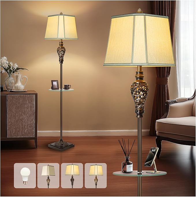Rustic Floor Lamp for Living Room with Nightlight and Glass Tray, Vintage Standing Lamp with Beige Faux Silk Shade, Farmhouse Tall Lamp for Bedroom Study Home Office Hotel Bar - Brown (Bulb Included) - Bloomnest