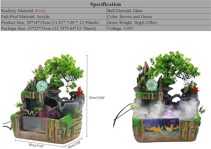 Rockery Fountain Indoor Tabletop Water Fountains Atomizing Humidifier Fountain Desktop Decorations, with LED Light, 110V Waterfall with Rockery Resin Ornament for Home, Office Decoration.