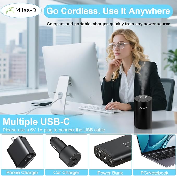Waterless Essential Oil Diffuser, Battery Operated Nebulizer with 3-Timers & 3 Mist Levels, 0.7 fl.oz./20ml, Mini Scent Air Machine, Home Car Office Studio, Portable & Rechargeable, Milas-D, Black - Bloomnest