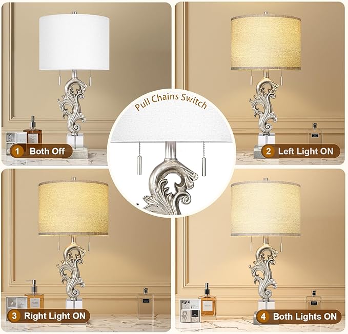 Scenekoy Vintage Table Lamp Set of 2 for Bedroom Living Room, 26.75” Silver Leaf Sculptural Night Stand Bedside Lamps with USB Ports, Rustic Nightstand Lamp Line Shade for Home Decor (Bulbs Included) - Bloomnest