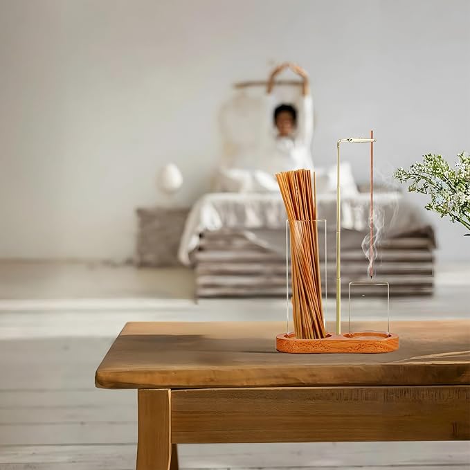 2 in 1 Incense Holder for Sticks(Height Adjustable), Anti-Ash Flying Insence-Sticks Burner with Glass Incense Holder Organizer for Meditation Yoga Spa Home Decor Sage (Golden Metal Rod) - Bloomnest