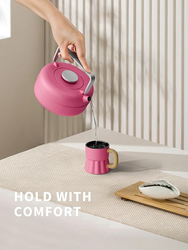Toptier Teapot with Removable Infuser, Cast Iron Tea Kettle Stovetop Safe, Solid Geometry Cylinder Design Tea Pot Coated with Enameled Interior for 27 Ounce (800 ml), Rose Red - Bloomnest