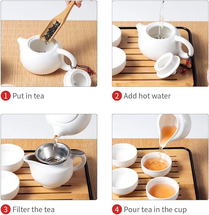 Chinese Tea Pot Cup Set with Tray Infuser - Travel Ceramic Tea set Porcelain Teapot, Portable All in One Bag for Outdoor Picnic Business Hotel (White)